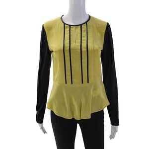 Hanii Y Womens Silk Pleated Round Neck Long Sleeve Blouse Top Yellow Size 38